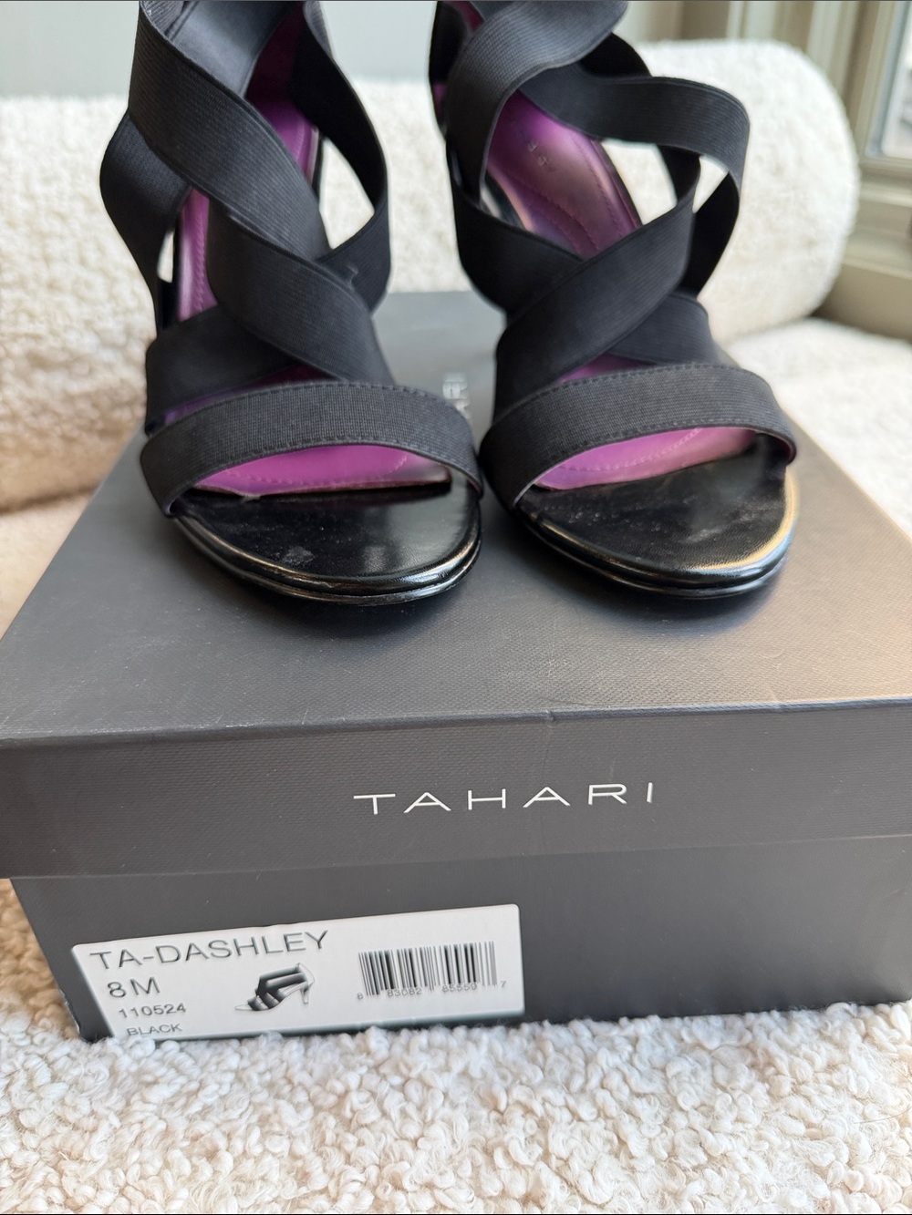 Tahari Black Strappy Heels with Purple Insole